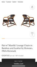 Load image into Gallery viewer, Set van twee Rotan fauteuils met groen lederen bekleding jaren 60.Deens ontwerp Manilla collectie Horsnaes(#415)