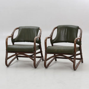 Set van drie Rotan fauteuils met groen lederen bekleding jaren 60. Zweeds ontwerp (#415)