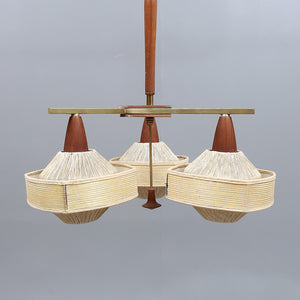 Teakhout met raffia hanglamp jaren 60