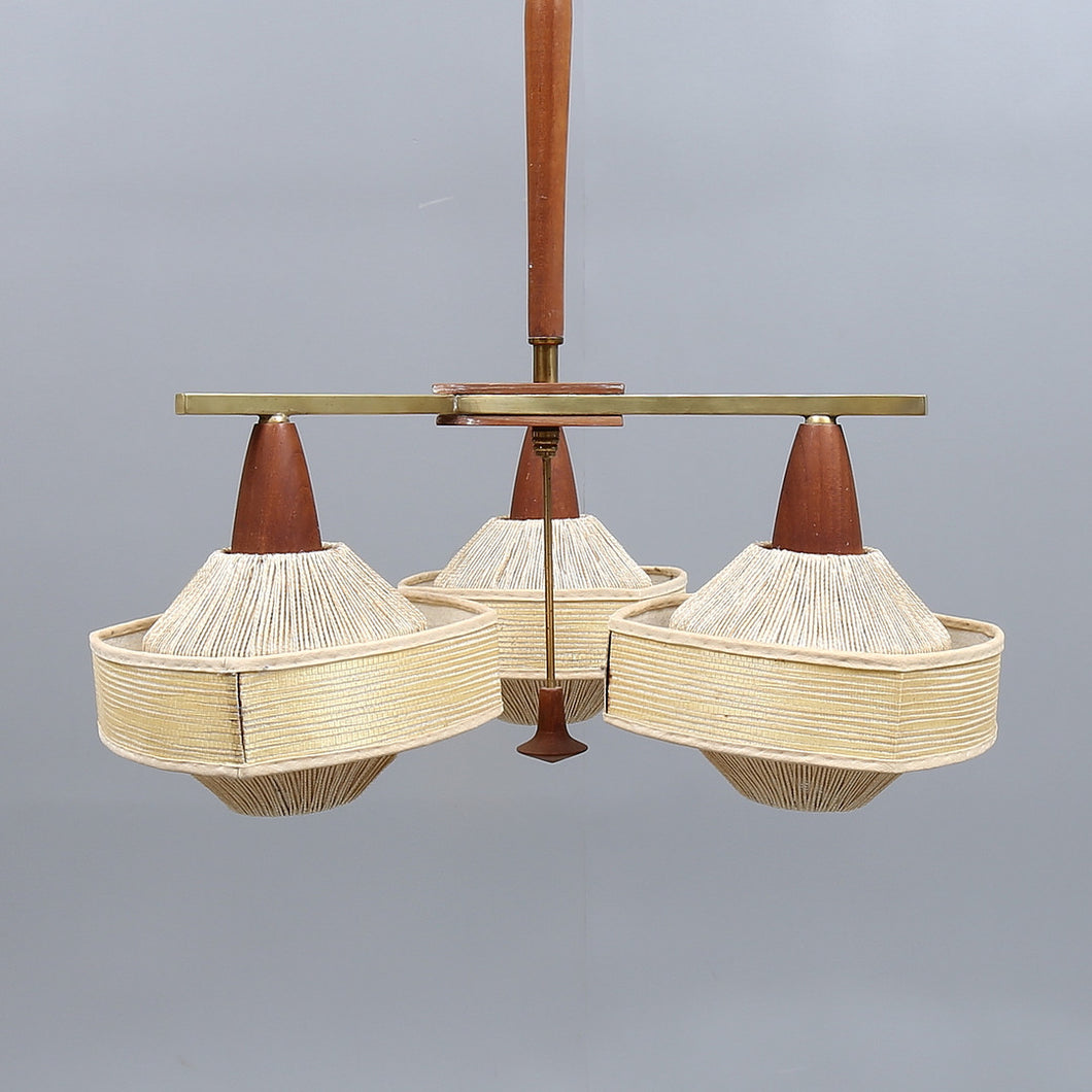 Teakhout met raffia hanglamp jaren 60