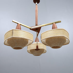 Teakhout met raffia hanglamp jaren 60