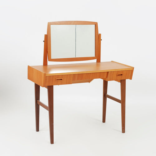 Vintage teak make-up tafel met spiegel en stoel ,Zweden 1950 (#22523)